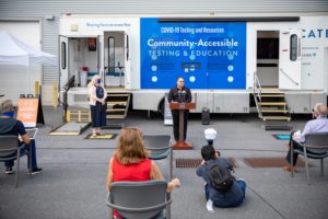 George Fernandez of Latino Connection, speaks during a press conference, which announced a unique partnership with Latino Connection, Highmark Blue Shield and the Independence Blue Cross Foundation to create the first-in-the-nation COVID-19 Mobile Response Unit to provide testing and education targeting minority and underserved communities, outside of Pennsylvania Emergency Management Agency Headquarters on Tuesday, August 25, 2020.